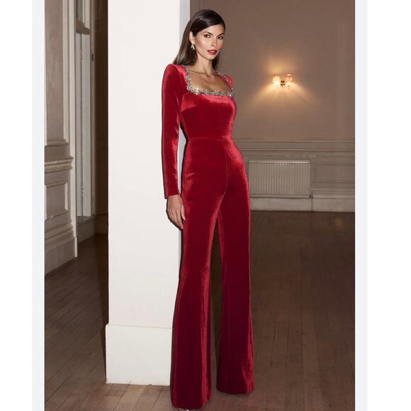 Nadine Merabi Kimberly Jewel-Embellished Velvet Jumpsuit in Red Size XL - Picture 6 of 8